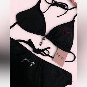 Juicy Couture black bikini set with charms & cherry heart rhinestones